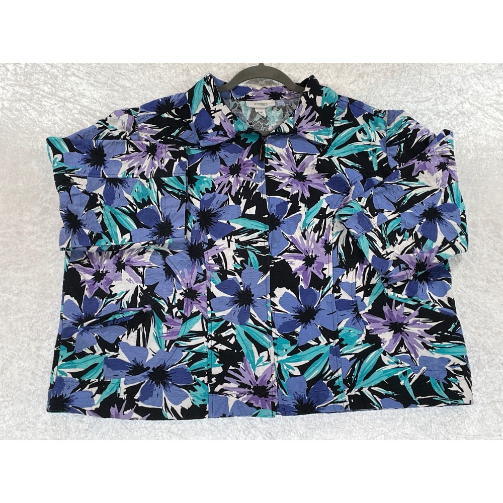 Dressbarn Woman Floral Zip Up Jacket Womens 24W Blue Purple Cotton Matelasse - Picture 2 of 9
